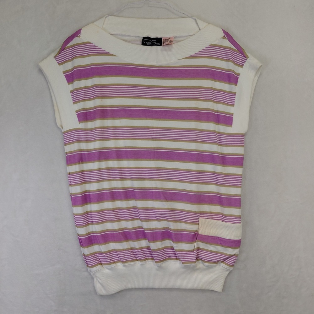 Vintage Chung Shing Purple Striped Short Sleeve Knit Top Womens Medium 5108